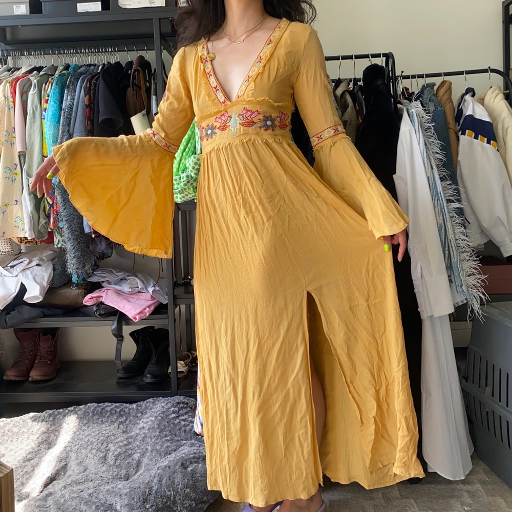 Embroidered marigold boho dress with flowy bell sleeves